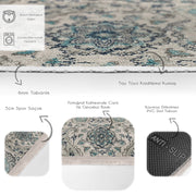 Bej - Mavi Artdeco Motifli Geleneksel Desenli Etnik Motifler Vintage Salon Oturma Odası Koridor Antre Dijital Baskılı Makinede Yıkanabilir Saçaklı Halı Bonvagon