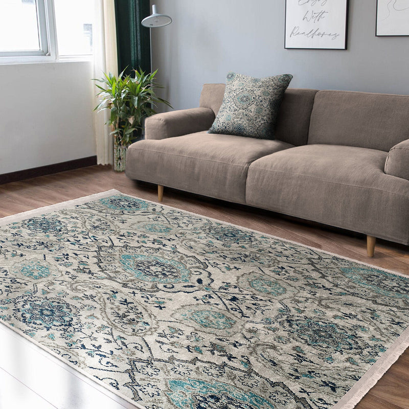 Bej - Mavi Artdeco Motifli Geleneksel Desenli Etnik Motifler Vintage Salon Oturma Odası Koridor Antre Dijital Baskılı Makinede Yıkanabilir Saçaklı Halı Bonvagon