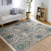 Bej - Mavi Artdeco Motifli Geleneksel Desenli Etnik Motifler Vintage Salon Oturma Odası Koridor Antre Dijital Baskılı Makinede Yıkanabilir Saçaklı Halı Bonvagon