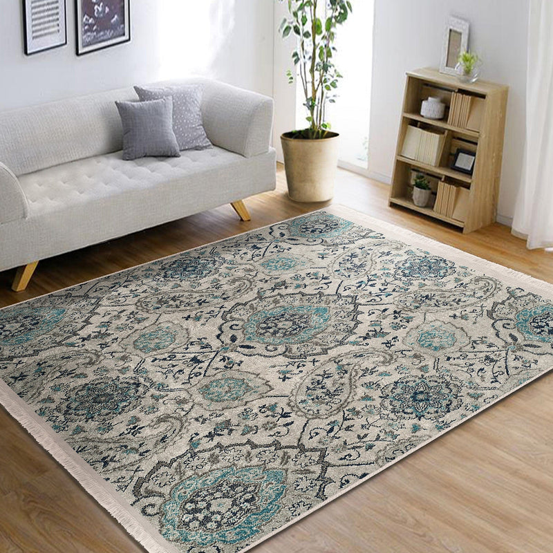 Bej - Mavi Artdeco Motifli Geleneksel Desenli Etnik Motifler Vintage Salon Oturma Odası Koridor Antre Dijital Baskılı Makinede Yıkanabilir Saçaklı Halı Bonvagon