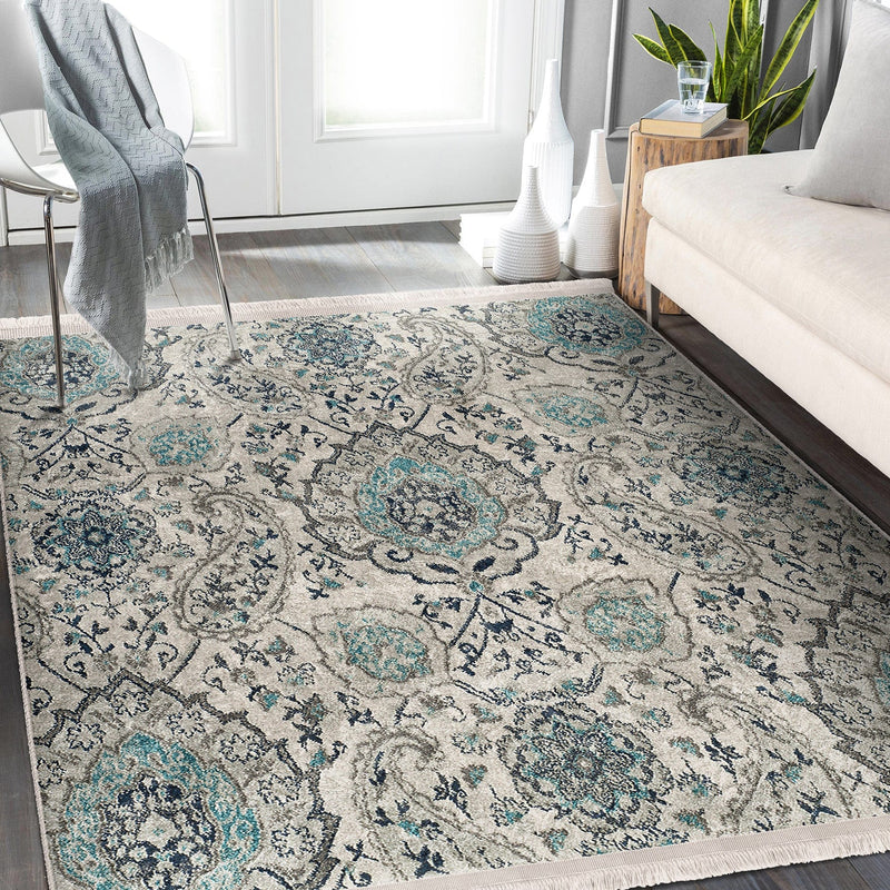 Bej - Mavi Artdeco Motifli Geleneksel Desenli Etnik Motifler Vintage Salon Oturma Odası Koridor Antre Dijital Baskılı Makinede Yıkanabilir Saçaklı Halı Bonvagon