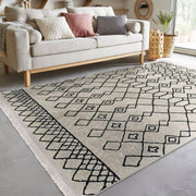 Bej - Siyah Boho Motifli Etnik Desenli Etnik Geometrik Dijital Baskılı Makinede Yıkanabilir Saçaklı Halı