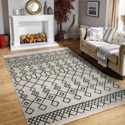 Bej - Siyah Boho Motifli Etnik Desenli Etnik Geometrik Dijital Baskılı Makinede Yıkanabilir Saçaklı Halı
