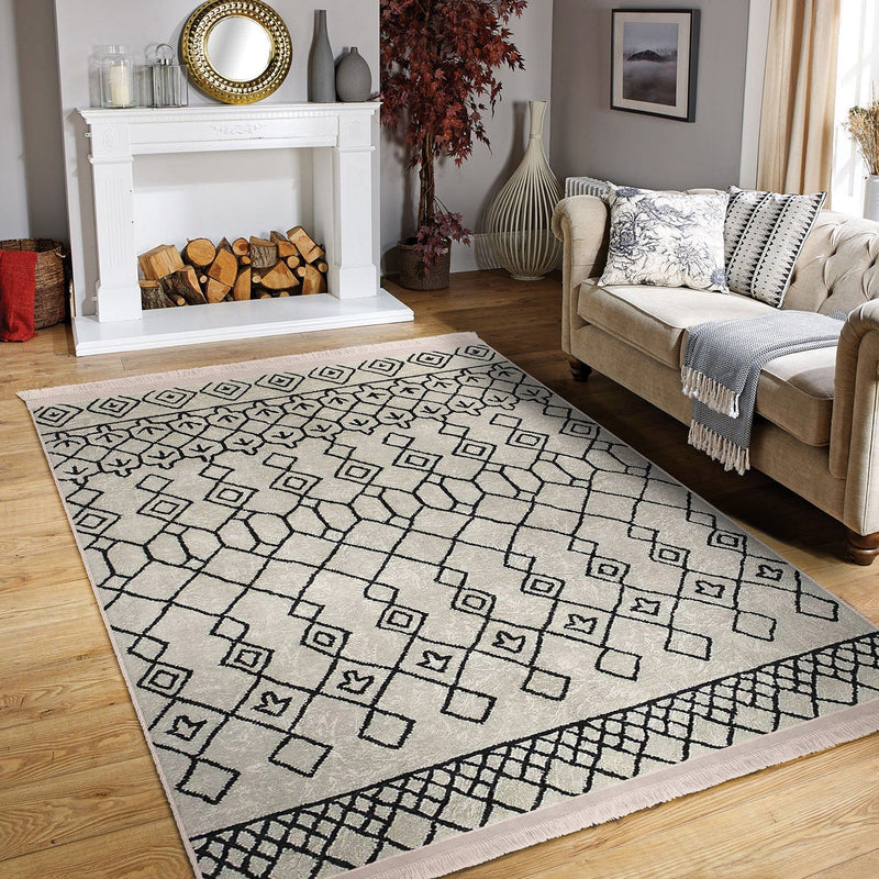 Bej - Siyah Boho Motifli Etnik Desenli Etnik Geometrik Dijital Baskılı Makinede Yıkanabilir Saçaklı Halı