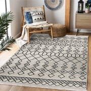 Bej - Siyah Boho Motifli Etnik Desenli Etnik Geometrik Dijital Baskılı Makinede Yıkanabilir Saçaklı Halı