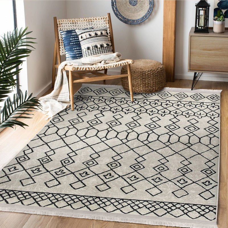 Bej - Siyah Boho Motifli Etnik Desenli Etnik Geometrik Dijital Baskılı Makinede Yıkanabilir Saçaklı Halı