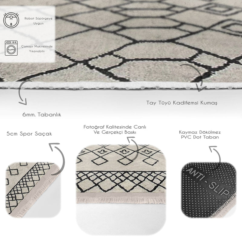Bej - Siyah Boho Motifli Etnik Desenli Etnik Geometrik Dijital Baskılı Makinede Yıkanabilir Saçaklı Halı