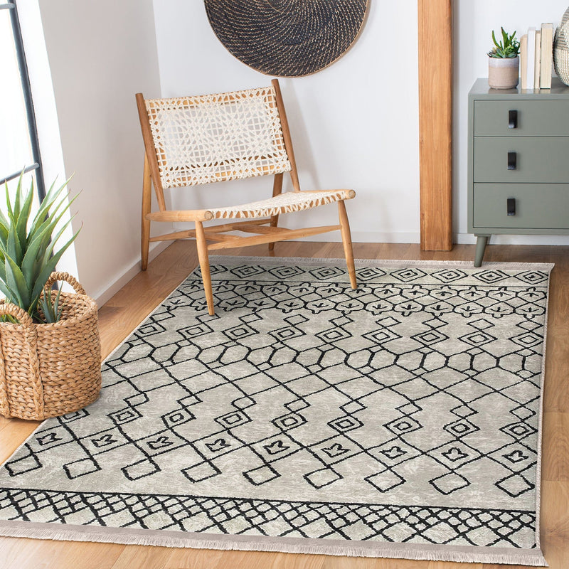 Bej - Siyah Boho Motifli Etnik Desenli Etnik Geometrik Dijital Baskılı Makinede Yıkanabilir Saçaklı Halı