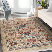 Bej Uşak Motifli Kilim Desenli Etnik Avangarde Dijital Baskılı Makinede Yıkanabilir Saçaklı Halı