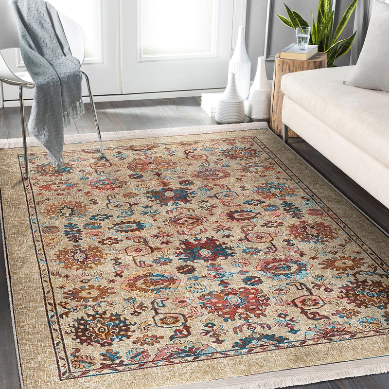 Bej Uşak Motifli Kilim Desenli Etnik Avangarde Dijital Baskılı Makinede Yıkanabilir Saçaklı Halı