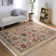 Bej Uşak Motifli Kilim Desenli Etnik Avangarde Dijital Baskılı Makinede Yıkanabilir Saçaklı Halı