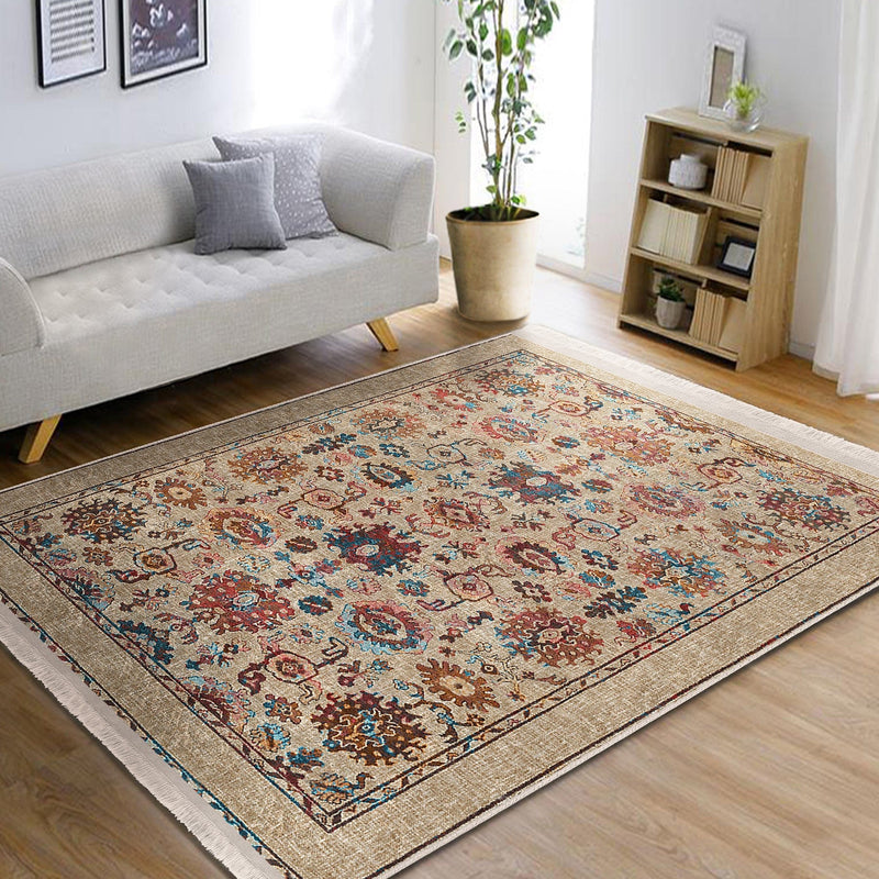 Bej Uşak Motifli Kilim Desenli Etnik Avangarde Dijital Baskılı Makinede Yıkanabilir Saçaklı Halı