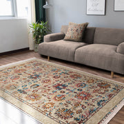 Bej Uşak Motifli Kilim Desenli Etnik Avangarde Dijital Baskılı Makinede Yıkanabilir Saçaklı Halı