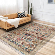 Bej Uşak Motifli Kilim Desenli Etnik Avangarde Dijital Baskılı Makinede Yıkanabilir Saçaklı Halı