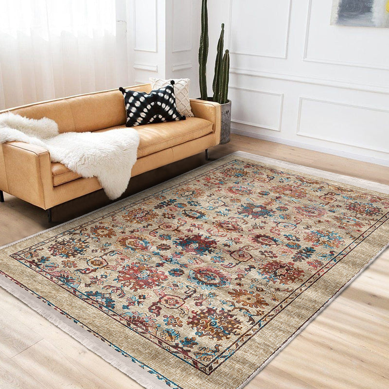 Bej Uşak Motifli Kilim Desenli Etnik Avangarde Dijital Baskılı Makinede Yıkanabilir Saçaklı Halı