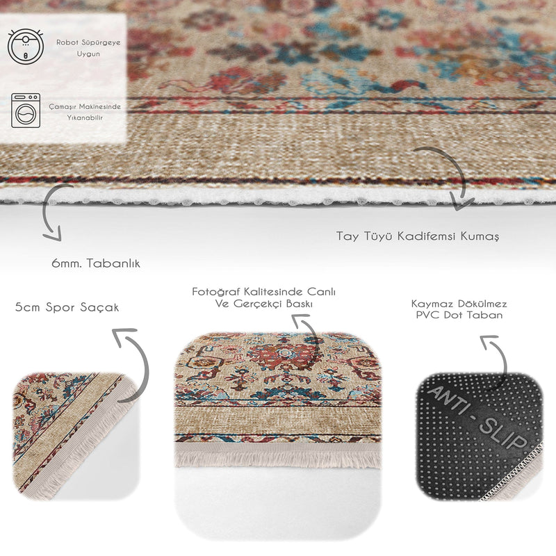 Bej Uşak Motifli Kilim Desenli Etnik Avangarde Dijital Baskılı Makinede Yıkanabilir Saçaklı Halı