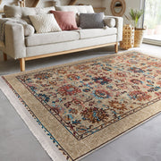 Bej Uşak Motifli Kilim Desenli Etnik Avangarde Dijital Baskılı Makinede Yıkanabilir Saçaklı Halı