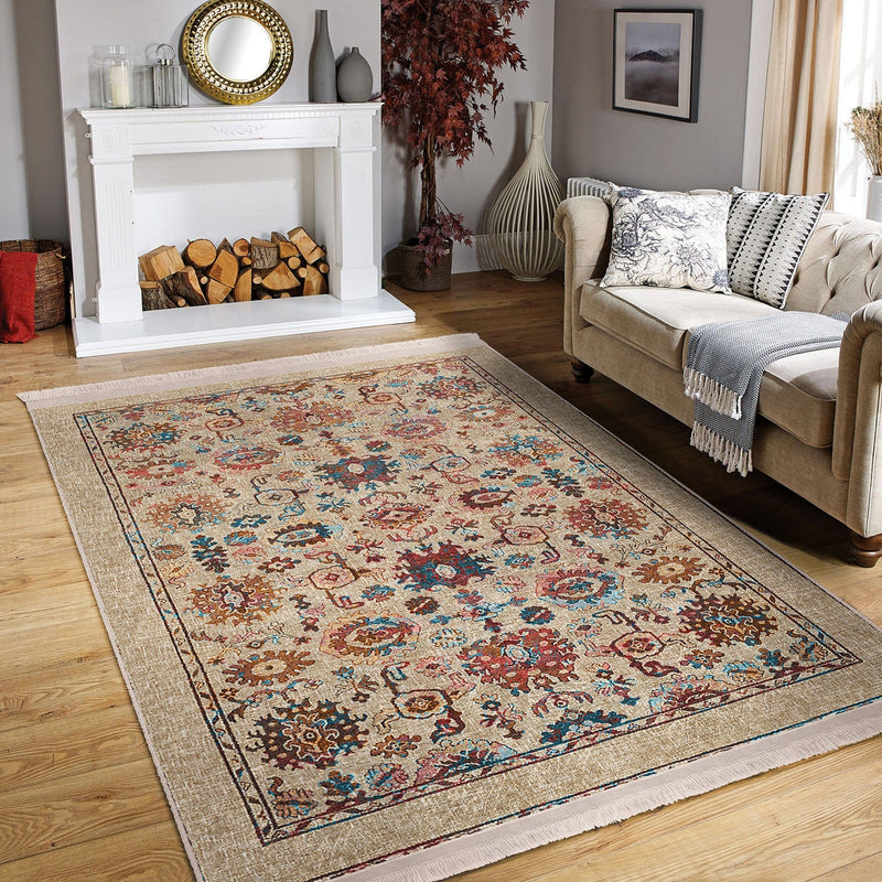 Bej Uşak Motifli Kilim Desenli Etnik Avangarde Dijital Baskılı Makinede Yıkanabilir Saçaklı Halı