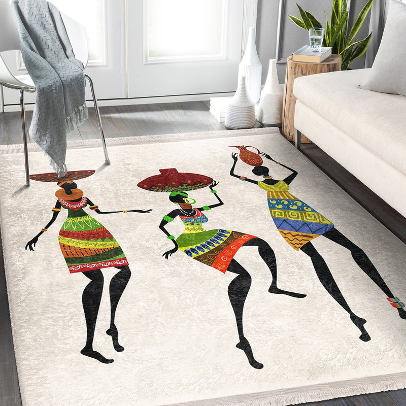 Beyaz Afrika Kadın Motifli Etnik Desenli Etnik Klasik Dijital Baskılı Makinede Yıkanabilir Saçaklı Halı