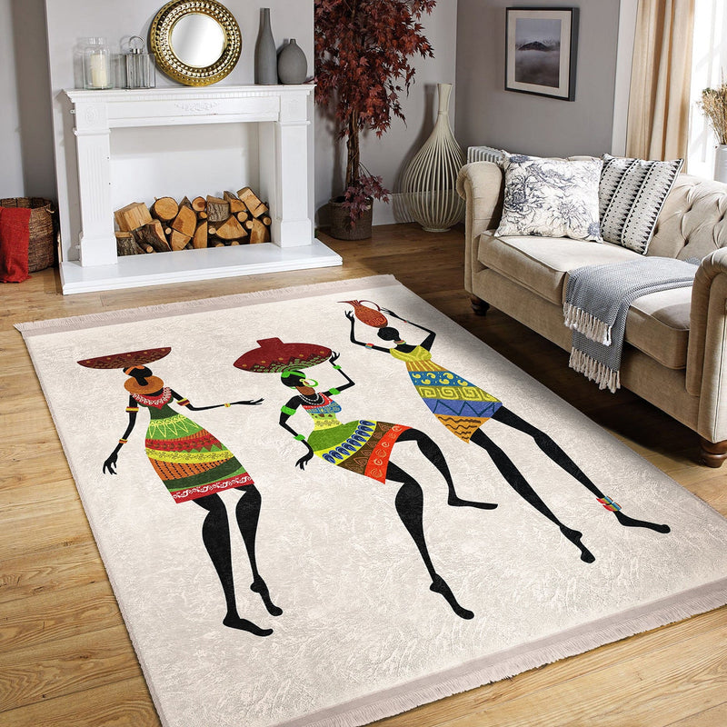 Beyaz Afrika Kadın Motifli Etnik Desenli Etnik Motifler Klasik Dış Mekan Outdoor Balkon Dijital Baskılı Makinede Yıkanabilir Saçaklı Halı Bonvagon