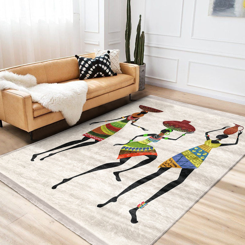 Beyaz Afrika Kadın Motifli Etnik Desenli Etnik Motifler Klasik Dış Mekan Outdoor Balkon Dijital Baskılı Makinede Yıkanabilir Saçaklı Halı Bonvagon