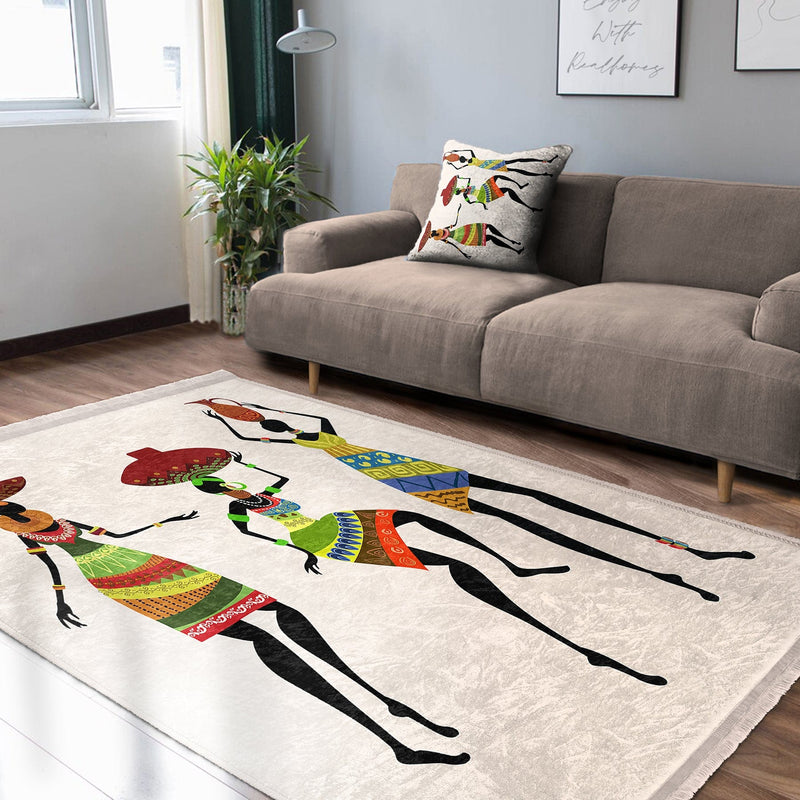 Beyaz Afrika Kadın Motifli Etnik Desenli Etnik Motifler Klasik Dış Mekan Outdoor Balkon Dijital Baskılı Makinede Yıkanabilir Saçaklı Halı Bonvagon