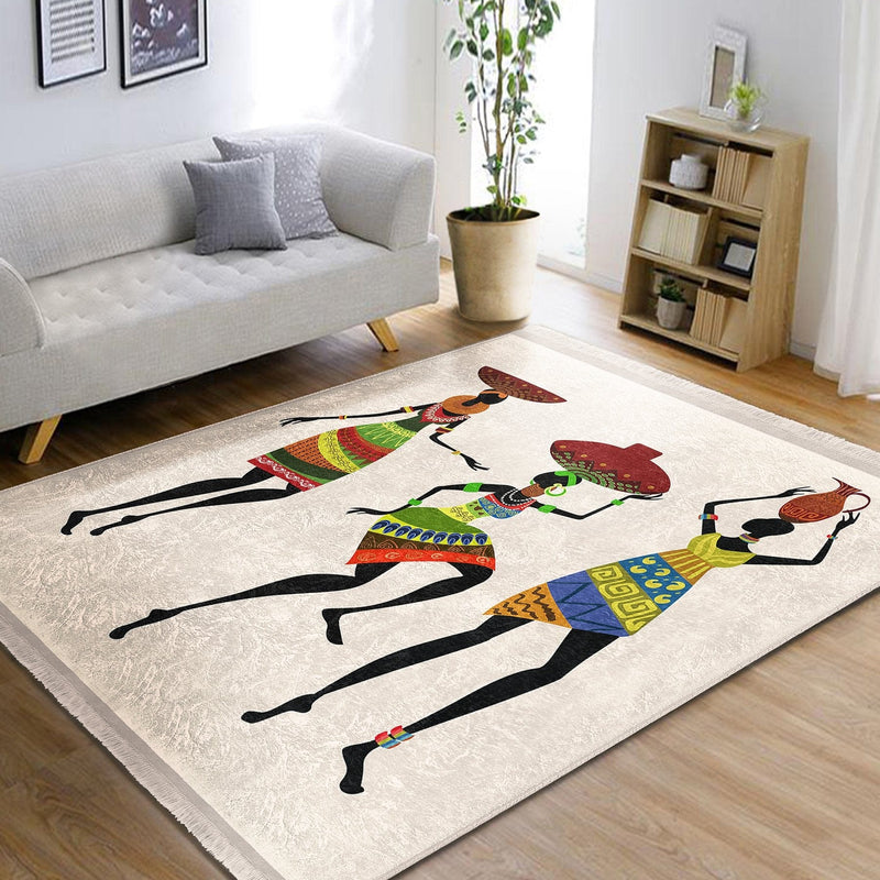 Beyaz Afrika Kadın Motifli Etnik Desenli Etnik Motifler Klasik Dış Mekan Outdoor Balkon Dijital Baskılı Makinede Yıkanabilir Saçaklı Halı Bonvagon
