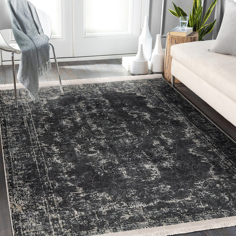 Beyaz Damask Motifli Siyah Desenli Eskitme Motifli Etnik Dijital Baskılı Makinede Yıkanabilir Saçaklı Halı