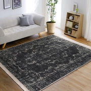 Beyaz Damask Motifli Siyah Desenli Eskitme Motifli Etnik Dijital Baskılı Makinede Yıkanabilir Saçaklı Halı