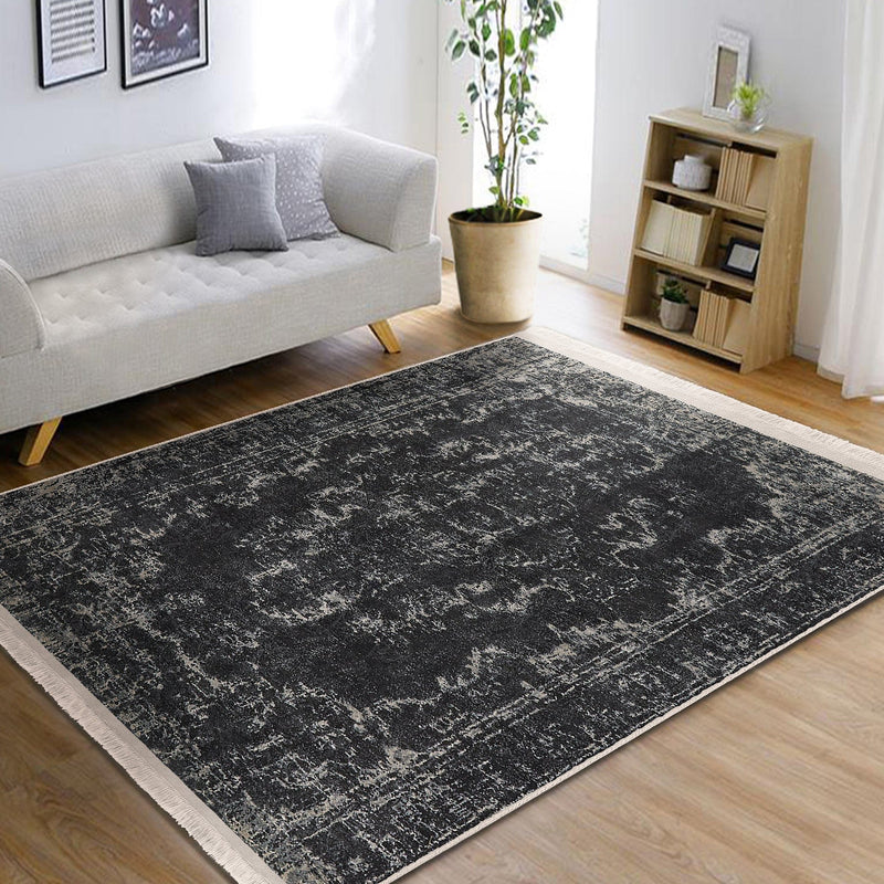 Beyaz Damask Motifli Siyah Desenli Eskitme Motifli Etnik Dijital Baskılı Makinede Yıkanabilir Saçaklı Halı