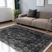 Beyaz Damask Motifli Siyah Desenli Eskitme Motifli Etnik Dijital Baskılı Makinede Yıkanabilir Saçaklı Halı
