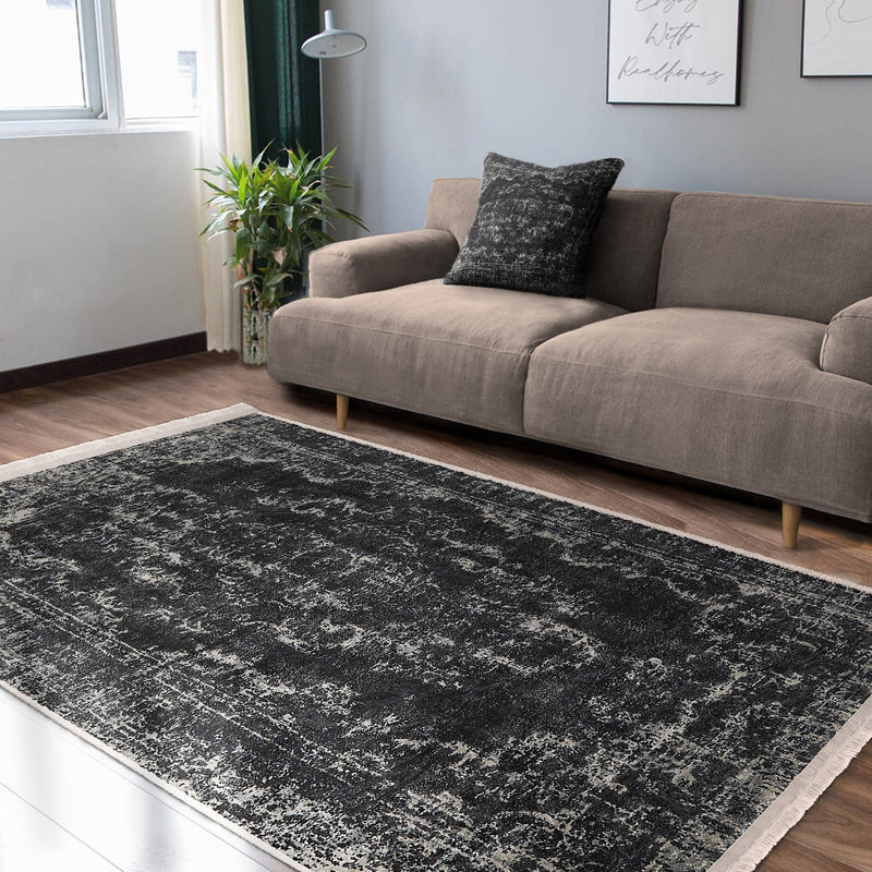 Beyaz Damask Motifli Siyah Desenli Eskitme Motifli Etnik Dijital Baskılı Makinede Yıkanabilir Saçaklı Halı