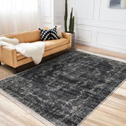 Beyaz Damask Motifli Siyah Desenli Eskitme Motifli Etnik Dijital Baskılı Makinede Yıkanabilir Saçaklı Halı