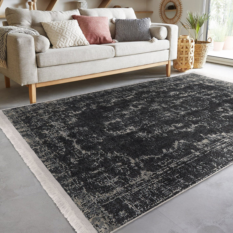 Beyaz Damask Motifli Siyah Desenli Eskitme Motifli Etnik Dijital Baskılı Makinede Yıkanabilir Saçaklı Halı