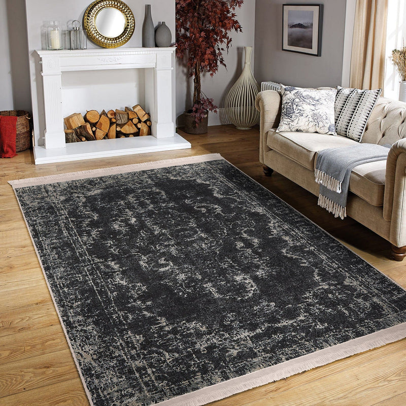 Beyaz Damask Motifli Siyah Desenli Eskitme Motifli Etnik Dijital Baskılı Makinede Yıkanabilir Saçaklı Halı