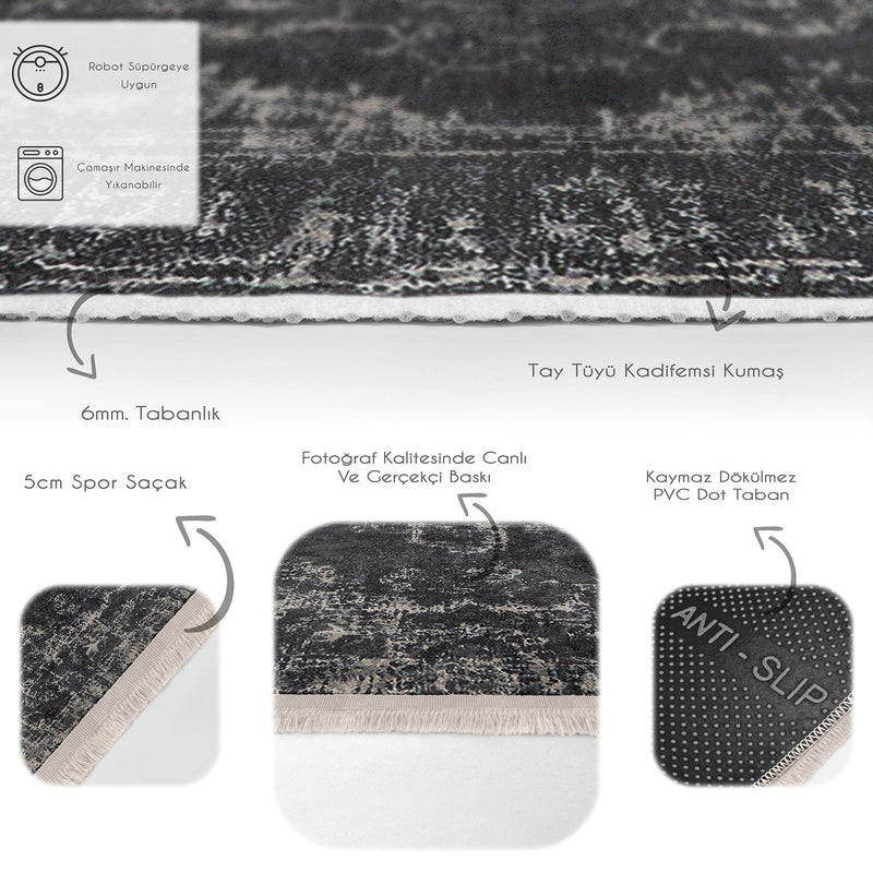 Beyaz Damask Motifli Siyah Desenli Eskitme Motifli Etnik Motifler Salon Oturma Odası Koridor Antre Dijital Baskılı Makinede Yıkanabilir Saçaklı Halı Bonvagon