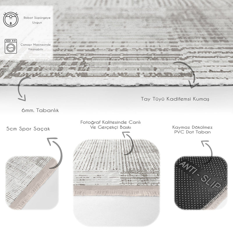 Beyaz - Ekru Örgü Motifli Desenli Dijital Baskılı Makinede Yıkanabilir Saçaklı Halı Bonvagon