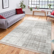 Beyaz - Ekru Örgü Motifli Desenli Dijital Baskılı Makinede Yıkanabilir Saçaklı Halı Bonvagon