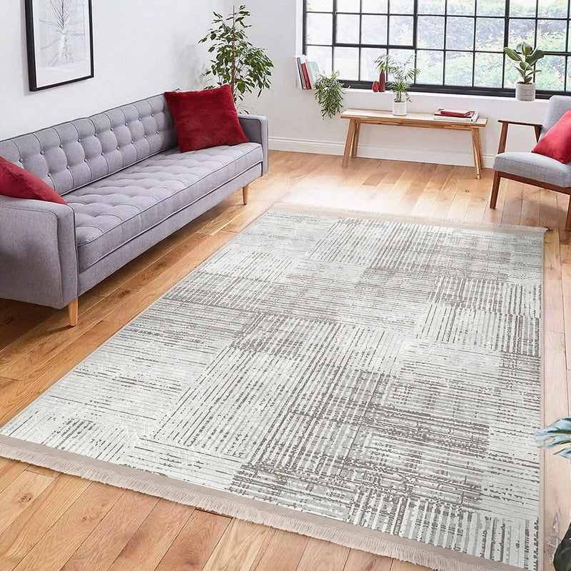 Beyaz - Ekru Örgü Motifli Desenli Dijital Baskılı Makinede Yıkanabilir Saçaklı Halı Bonvagon