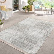 Beyaz - Ekru Örgü Motifli Desenli Dijital Baskılı Makinede Yıkanabilir Saçaklı Halı Bonvagon