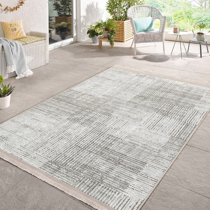 Beyaz - Ekru Örgü Motifli Desenli Dijital Baskılı Makinede Yıkanabilir Saçaklı Halı Bonvagon