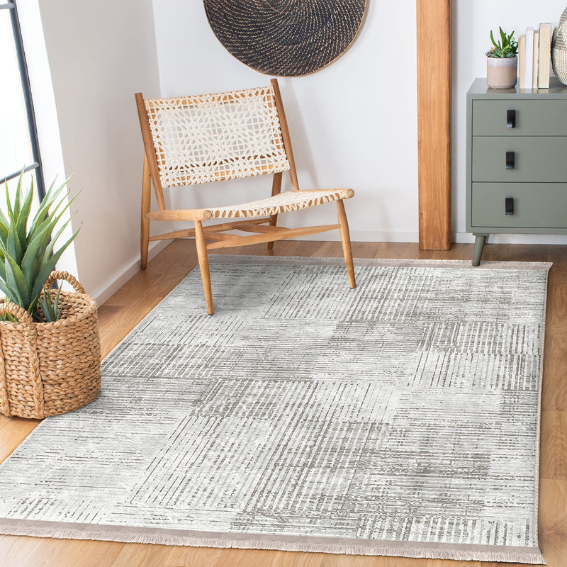 Beyaz - Ekru Örgü Motifli Desenli Dijital Baskılı Makinede Yıkanabilir Saçaklı Halı Bonvagon