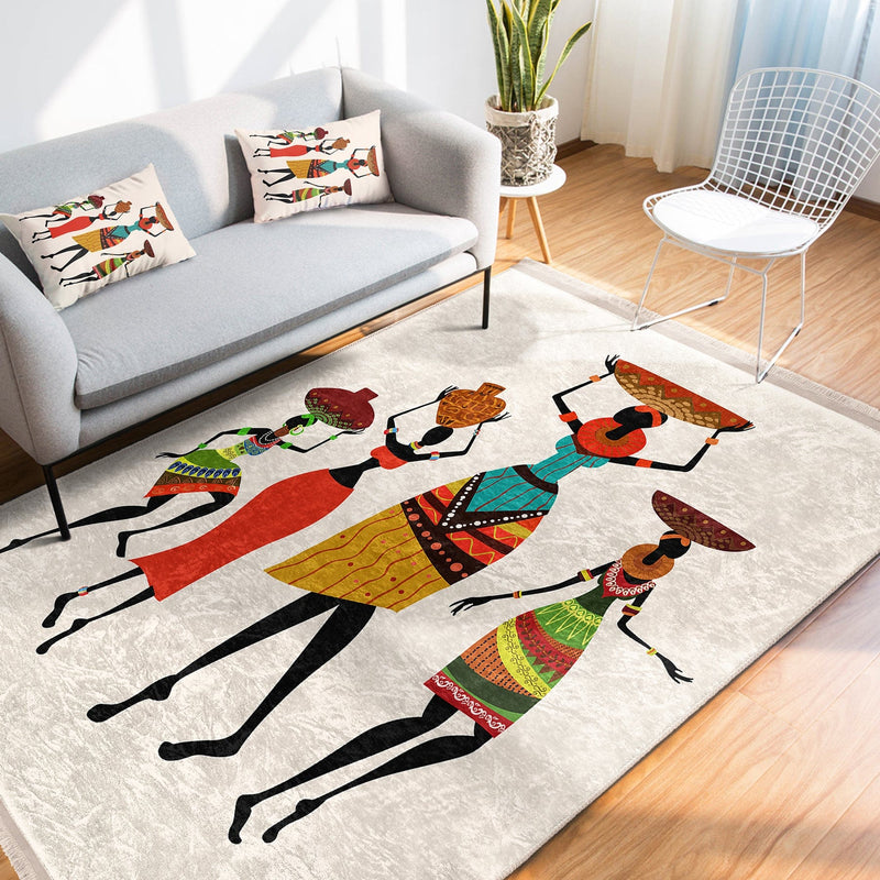 Beyaz Etnik Motifli Afrika Kadın Desenli Etnik Motifler Klasik Dış Mekan Outdoor Balkon Dijital Baskılı Makinede Yıkanabilir Saçaklı Halı Bonvagon