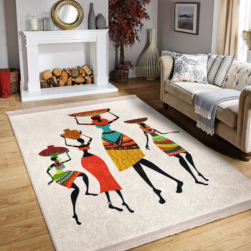 Beyaz Etnik Motifli Afrika Kadın Desenli Etnik Motifler Klasik Dış Mekan Outdoor Balkon Dijital Baskılı Makinede Yıkanabilir Saçaklı Halı Bonvagon