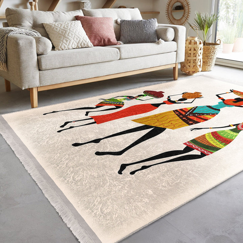 Beyaz Etnik Motifli Afrika Kadın Desenli Etnik Motifler Klasik Dış Mekan Outdoor Balkon Dijital Baskılı Makinede Yıkanabilir Saçaklı Halı Bonvagon