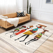 Beyaz Etnik Motifli Afrika Kadın Desenli Etnik Motifler Klasik Dış Mekan Outdoor Balkon Dijital Baskılı Makinede Yıkanabilir Saçaklı Halı Bonvagon