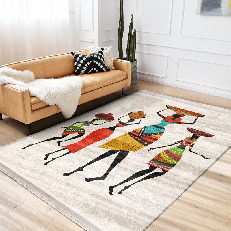 Beyaz Etnik Motifli Afrika Kadın Desenli Etnik Motifler Klasik Dış Mekan Outdoor Balkon Dijital Baskılı Makinede Yıkanabilir Saçaklı Halı Bonvagon