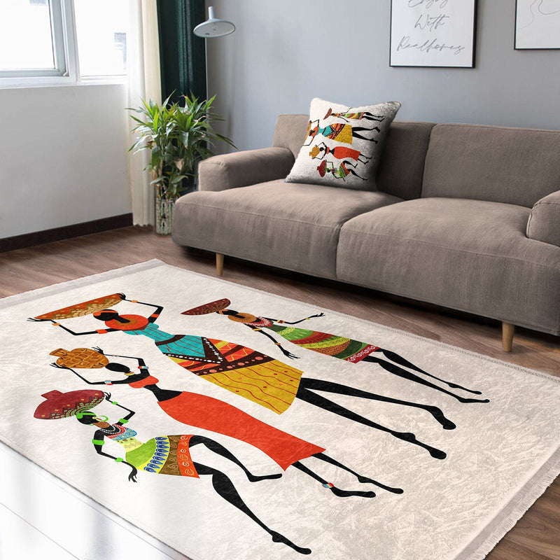 Beyaz Etnik Motifli Afrika Kadın Desenli Etnik Motifler Klasik Dış Mekan Outdoor Balkon Dijital Baskılı Makinede Yıkanabilir Saçaklı Halı Bonvagon