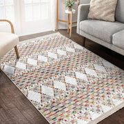 Beyaz Etnik Motifli Kilim Desenli Geometrik Etnik Dijital Baskılı Makinede Yıkanabilir Saçaklı Halı