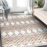Beyaz Etnik Motifli Kilim Desenli Geometrik Etnik Dijital Baskılı Makinede Yıkanabilir Saçaklı Halı